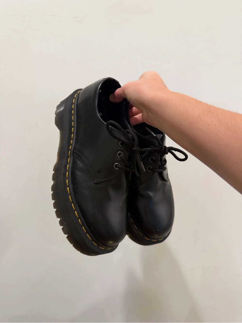 Doc martens! Classic Black Leather Lace-Up Men’s Shoes with Yellow Stitching